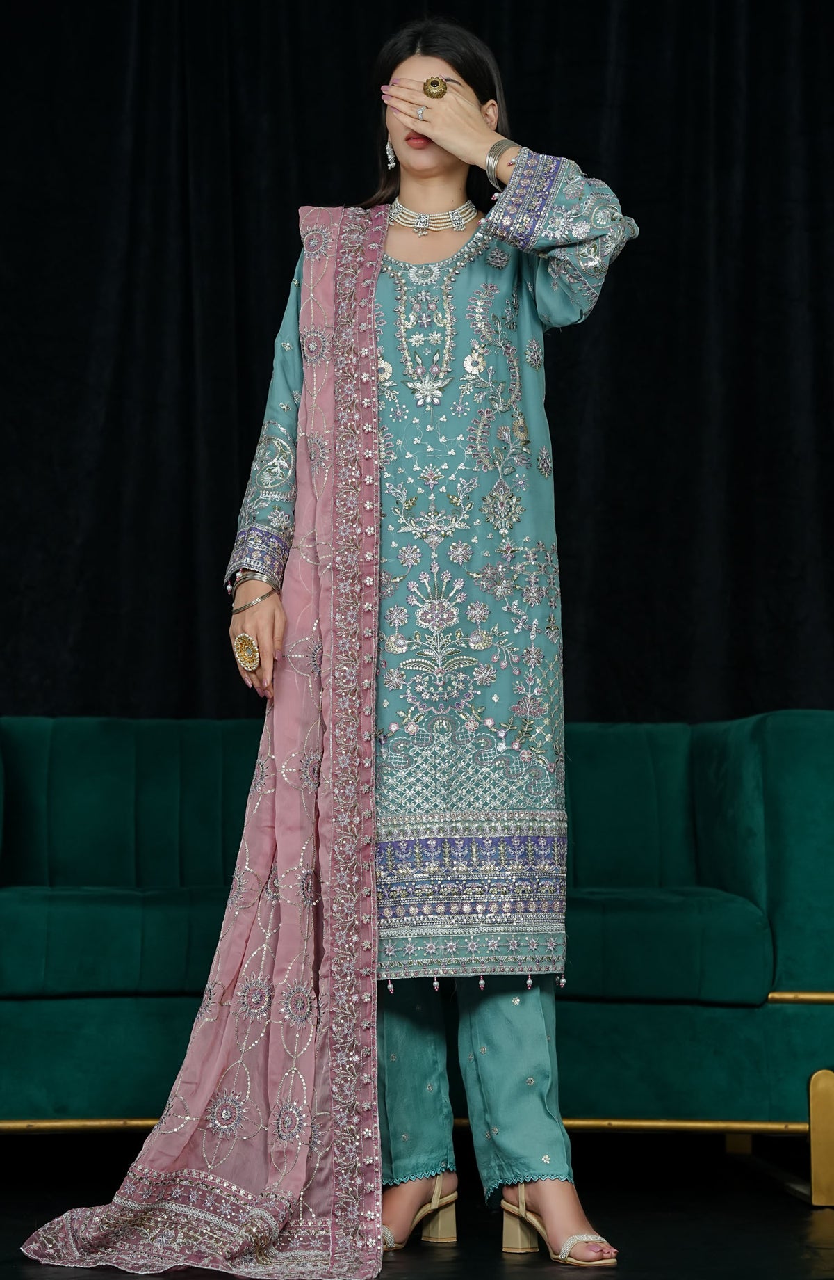 La Fleur by Amna Khadija Embroidered Chiffon Stitched 3 Piece Suit - LFFP-19 BRCh01 - AM25LFD2 - Blue - Festive Collection