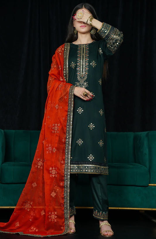 La Fleur by Amna Khadija Embroidered Cotton Stitched 3 Piece Suit - LFFP-20 M23D9 - AM25LFD2 - Green - Festive Collection