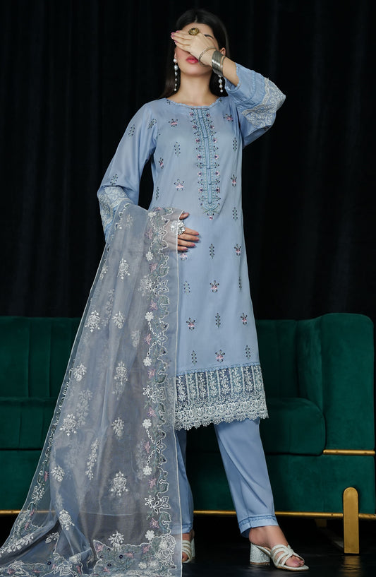 La Fleur by Amna Khadija Embroidered Cotton Stitched 3 Piece Suit - LFFP-22 HRCT - AM25LFD2 - Blue - Festive Collection