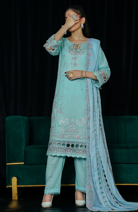 La Fleur by Amna Khadija Embroidered Lawn Stitched 3 Piece Suit - LFFP-23 LEC - AM25LFD2 - Sea Green - Festive Collection