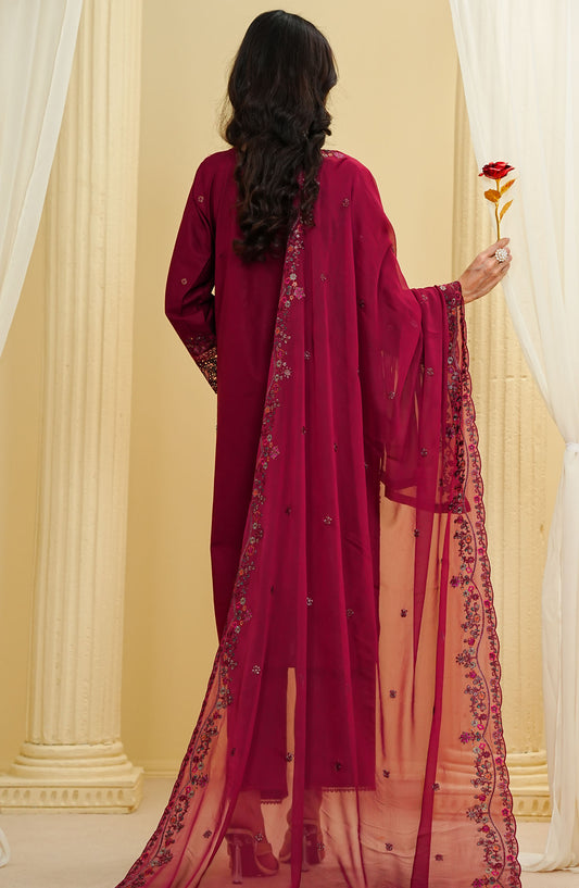 La Fleur by Amna Khadija Embroidered Cotton Stitched 3 Piece Suit - LFFP-26 - AM25LFD2 - Maroon - Festive Collection