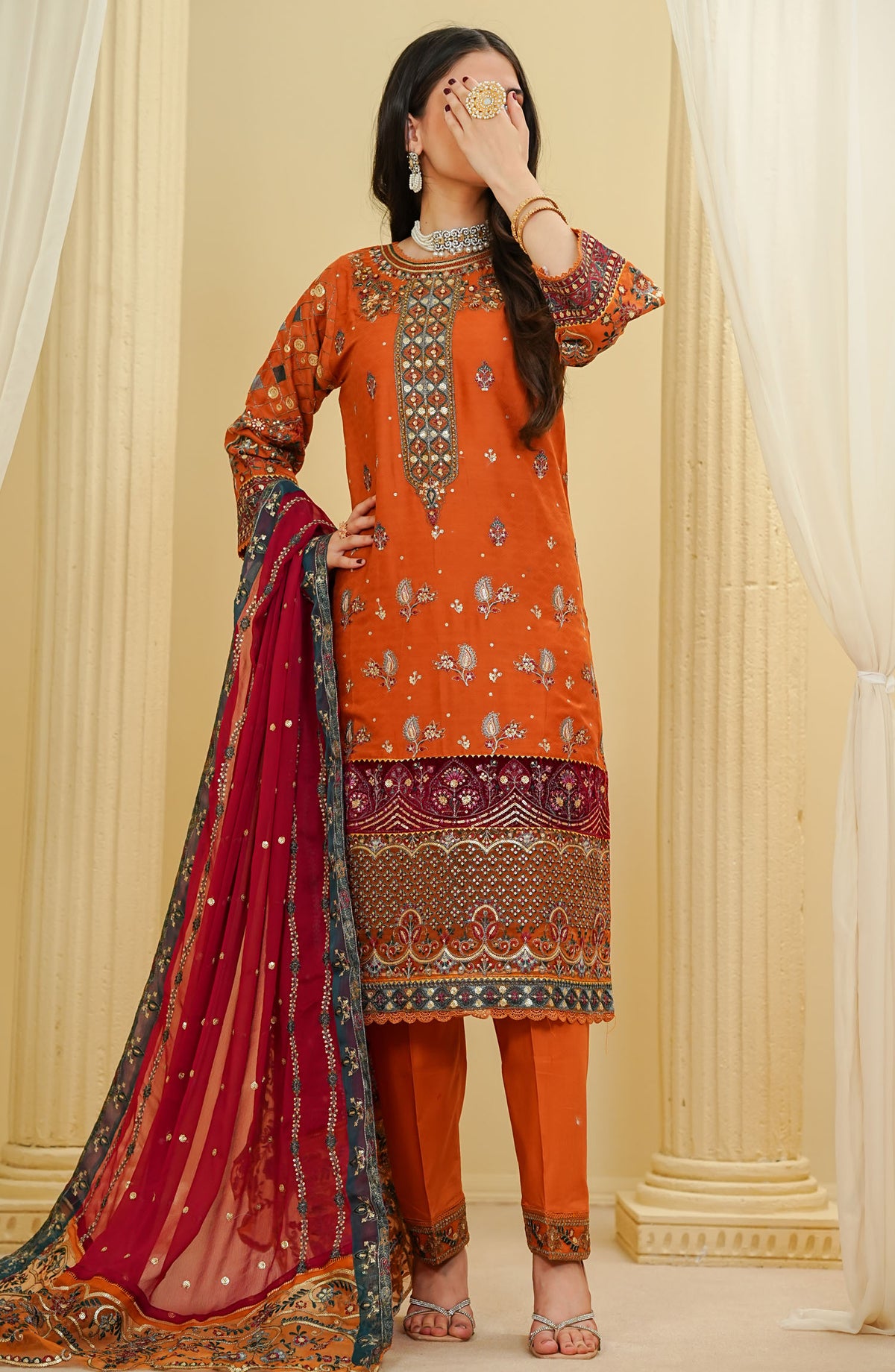 La Fleur by Amna Khadija Embroidered Cotton Stitched 3 Piece Suit - LFFP-27 - AM25LFD2 - Orange - Festive Collection