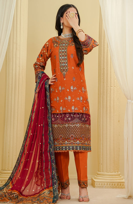 La Fleur by Amna Khadija Embroidered Cotton Stitched 3 Piece Suit - LFFP-27 - AM25LFD2 - Orange - Festive Collection