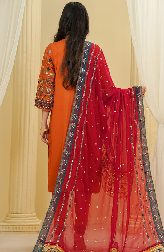 La Fleur by Amna Khadija Embroidered Cotton Stitched 3 Piece Suit - LFFP-27 - AM25LFD2 - Orange - Festive Collection