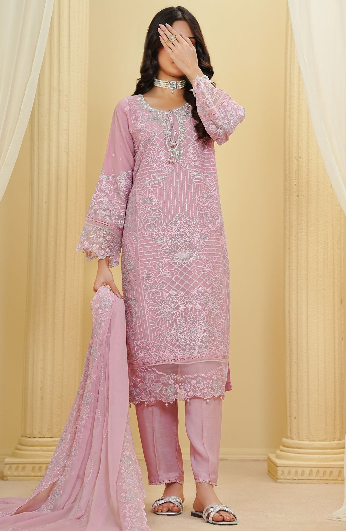 La Fleur by Amna Khadija Embroidered Chiffon Stitched 3 Piece Suit - LFFP-28 - AM25LFD2 - Pink - Festive Collection