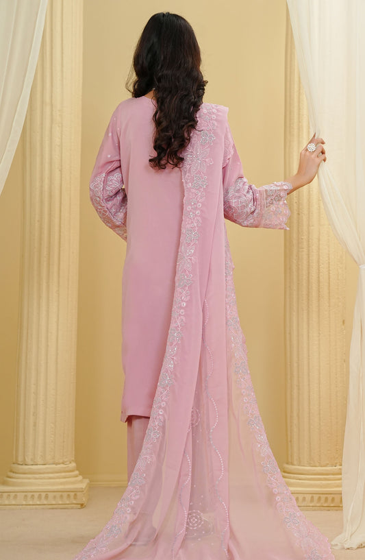 La Fleur by Amna Khadija Embroidered Chiffon Stitched 3 Piece Suit - LFFP-28 - AM25LFD2 - Pink - Festive Collection