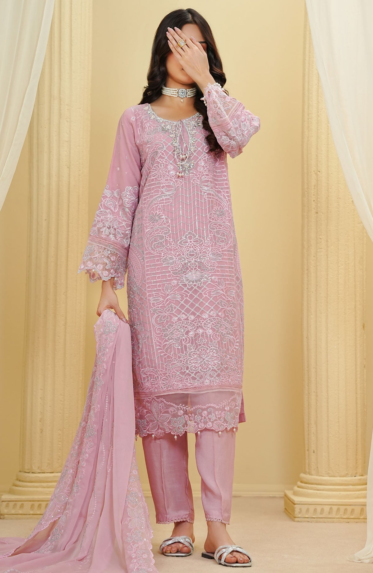 La Fleur by Amna Khadija Embroidered Cotton Stitched 3 Piece Suit - LFFP-29 - AM25LFD2 - Pink - Festive Collection