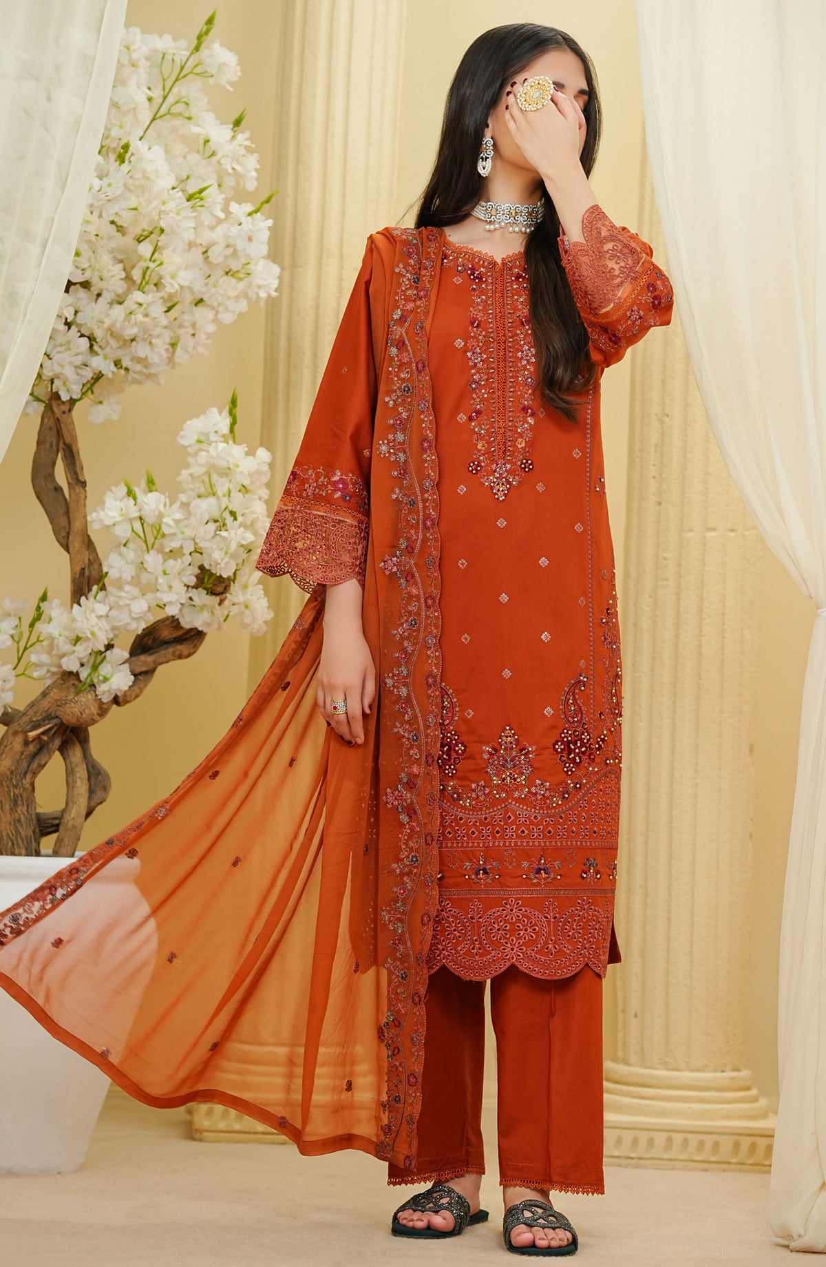 La Fleur by Amna Khadija Embroidered Cotton Stitched 3 Piece Suit - LFFP-33 - AM25LFD2 - Orange - Festive Collection