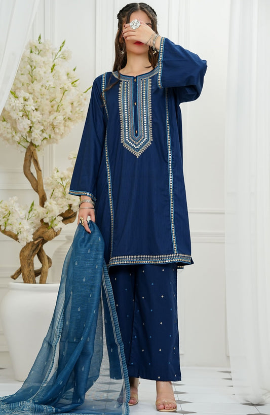 Amna Khadija Embroidered Slub Slub 3 Piece Suit - LPFP-01 - AM25LPFP - Blue - Festive Collection