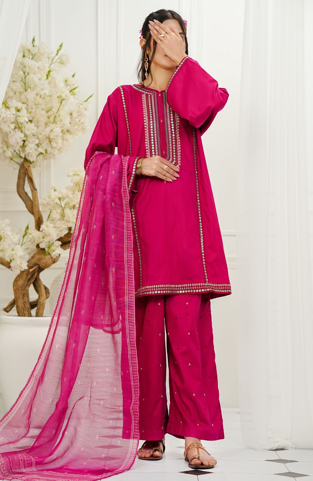 Amna Khadija Embroidered Slub Slub 3 Piece Suit - LPFP-02 - AM25LPFP - Pink - Festive Collection