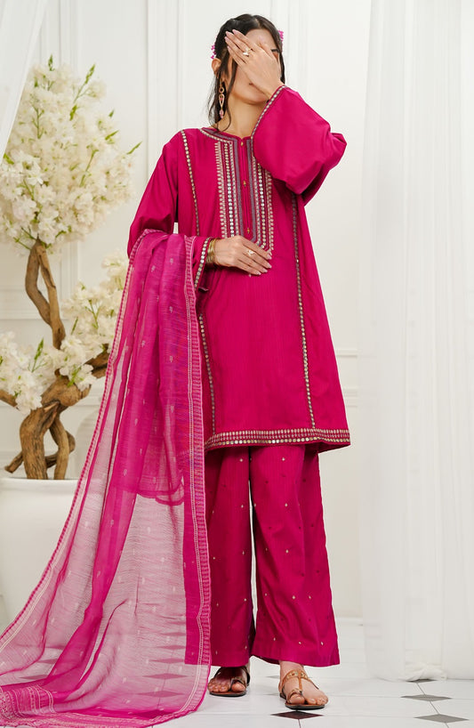 Amna Khadija Embroidered Slub Slub 3 Piece Suit - LPFP-02 - AM25LPFP - Pink - Festive Collection