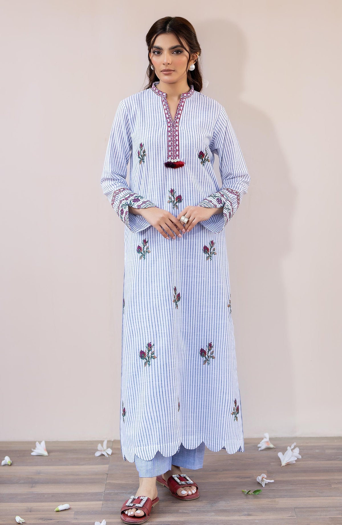 La Rosaa Embroidered lawn Stitched 2 Piece - LSS-24-07 Blue Stripes - Blue - Casual Collection