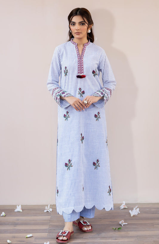 La Rosaa Embroidered lawn Stitched 2 Piece - LSS-24-07 Blue Stripes - Blue - Casual Collection