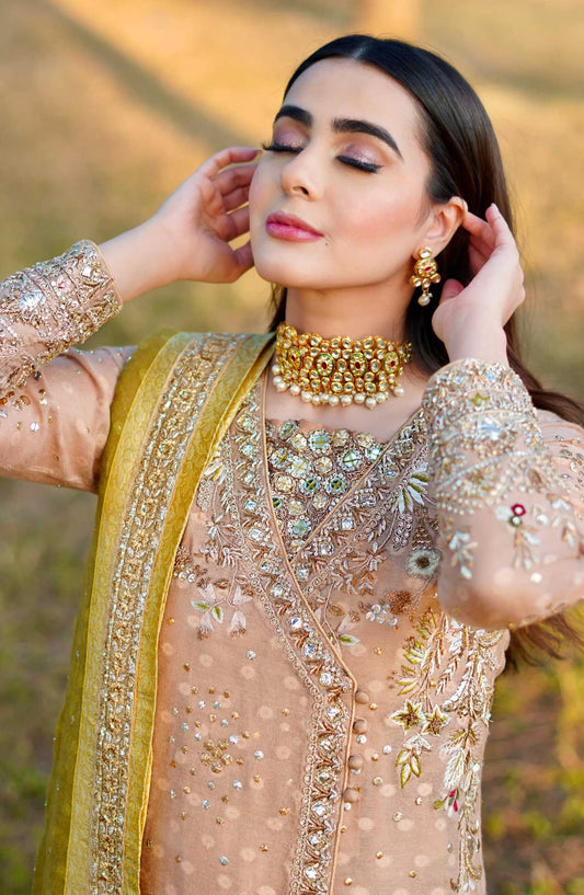 Hues Atelier Embroidered Cotton Net 3 Piece - Lucknowy Angrakha - HA25LF - Light Pink - Festive Collection