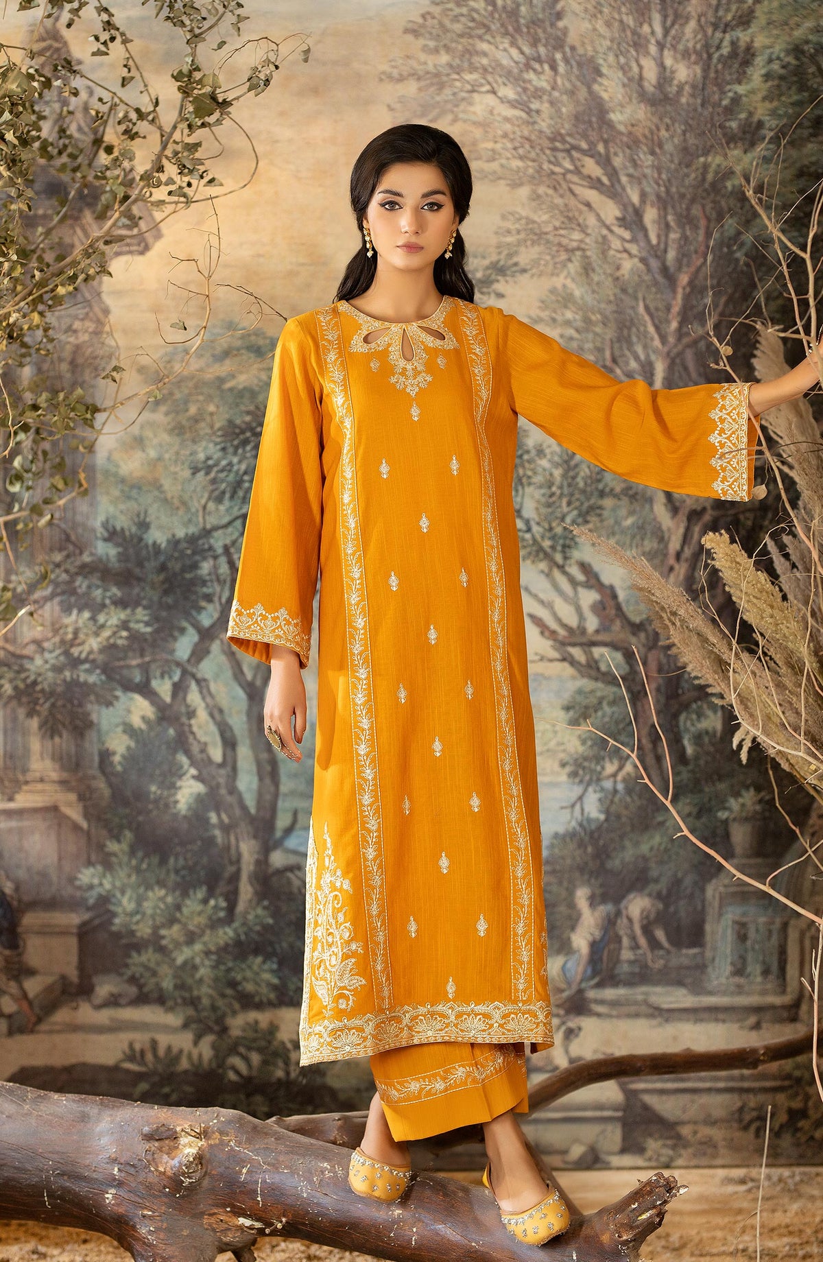 La Rosaa Embroidered khaddar Stitched 2 Piece - LW2-06 Mustard Emb - Mustard - Casual Collection