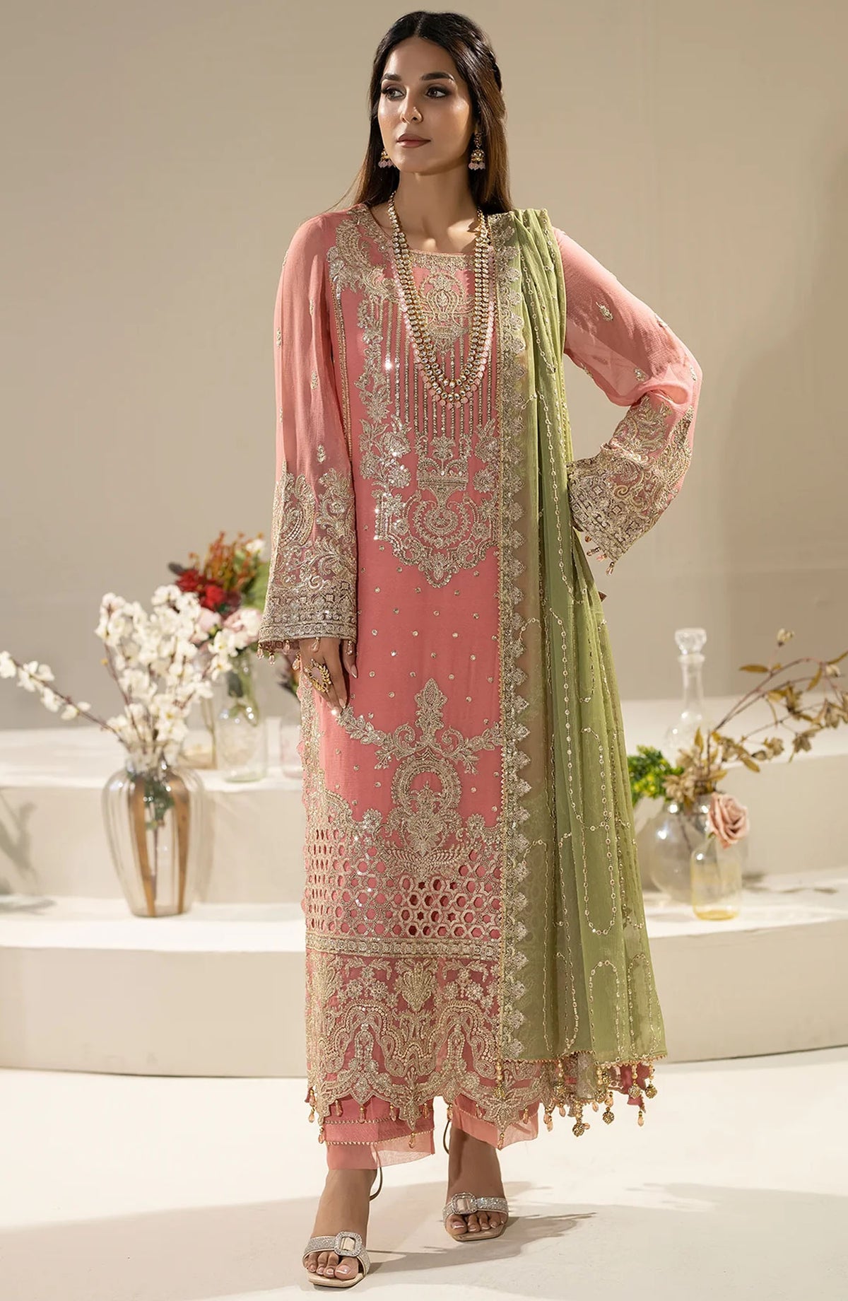 Nisha by Imrozia Embroidered Chiffon Unstitched 3 Piece Suit - M-82 Nurah - IMP25NF - Pink - Festive Collection