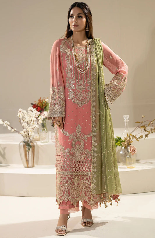 Nisha by Imrozia Embroidered Chiffon Unstitched 3 Piece Suit - M-82 Nurah - IMP25NF - Pink - Festive Collection