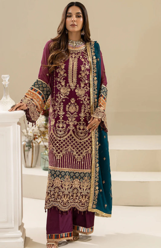 Nisha by Imrozia Embroidered Chiffon Unstitched 3 Piece Suit - M-84 Zehak - IMP25NF - Magenta - Festive Collection