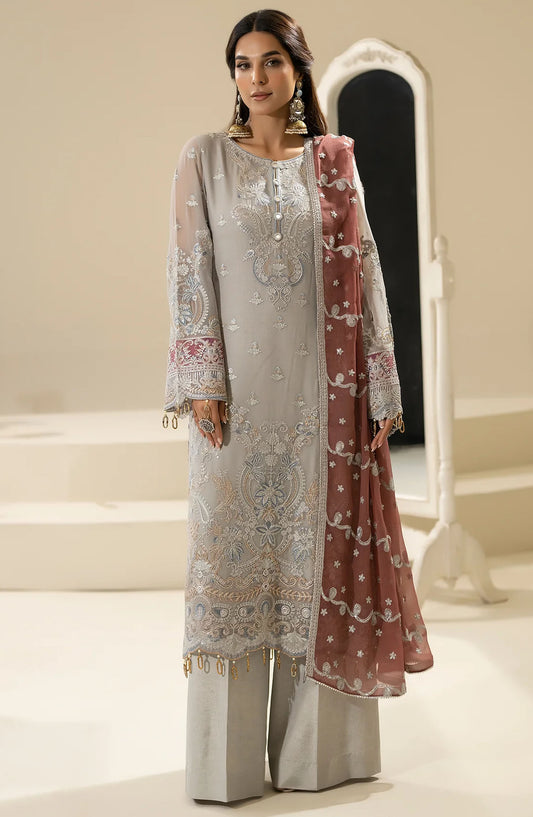 Nisha by Imrozia Embroidered Chiffon Unstitched 3 Piece Suit - M-85 Mehza - IMP25NF - Grey - Festive Collection