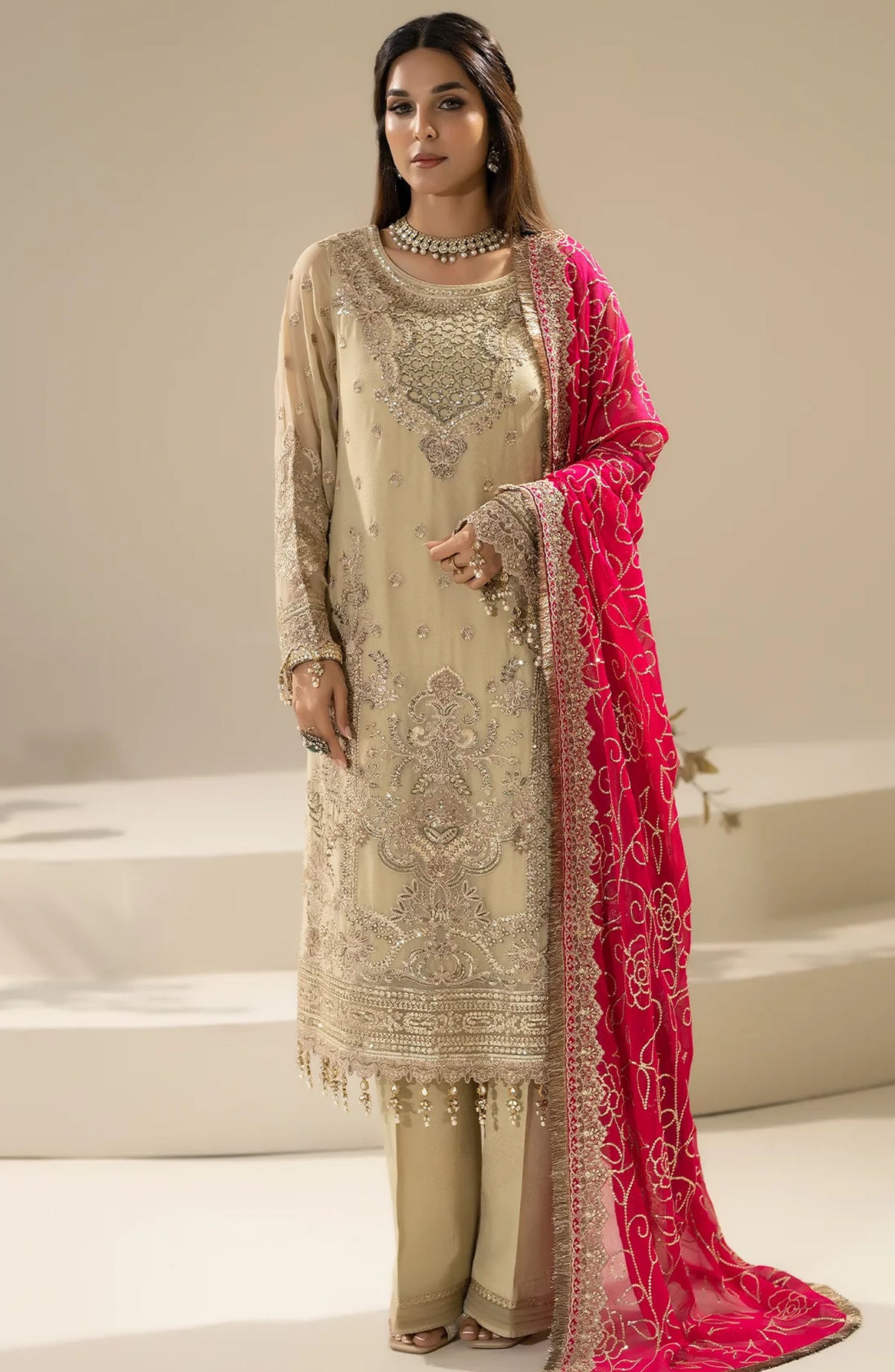 Nisha by Imrozia Embroidered Chiffon Unstitched 3 Piece Suit - M-88 Rinza - IMP25NF - Beige - Festive Collection