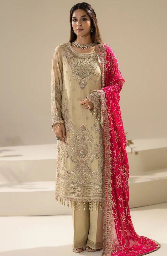 Nisha by Imrozia Embroidered Chiffon Unstitched 3 Piece Suit - M-88 Rinza - IMP25NF - Beige - Festive Collection