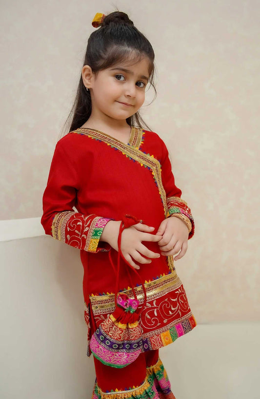 Modest Embroidered Raw Sillk Stitched 3 Piece   - Mah e Noor - Red - MD25F - Festive Collection