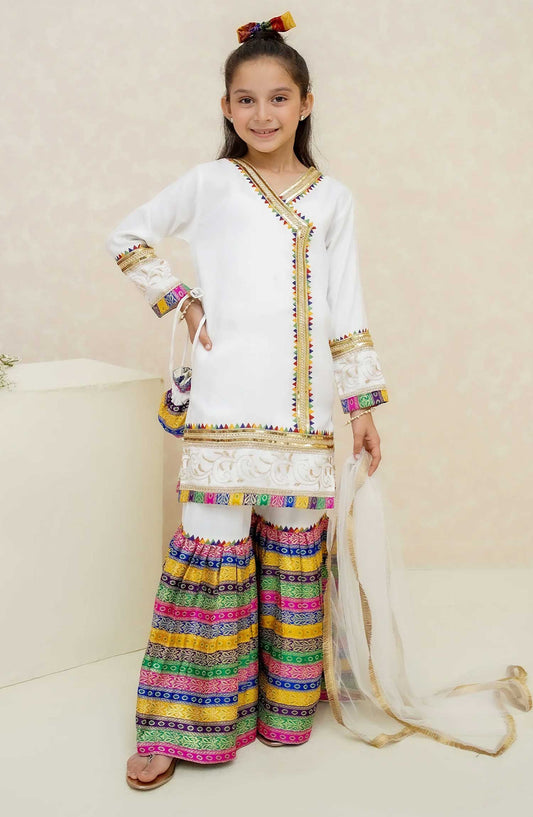 Modest Embroidered Raw Sillk Stitched 3 Piece - Mah e Noor - White - MD25F - Festive Collection