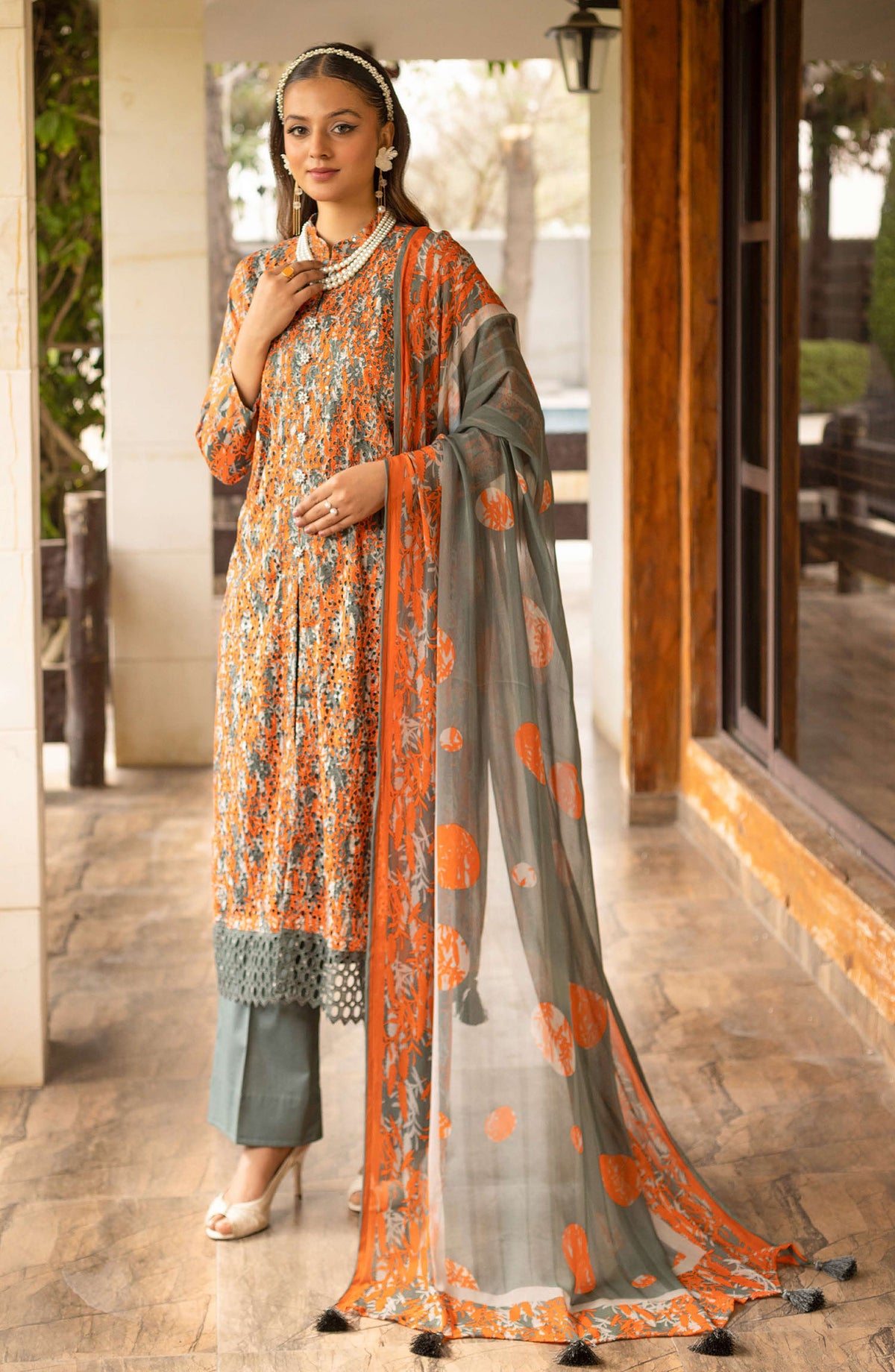 Mahees Sehar by Riaz Arts Chikankari Lawn Unstitched 3 Piece Suit - D-06 - RA25MSC - Orange - Summer Collection