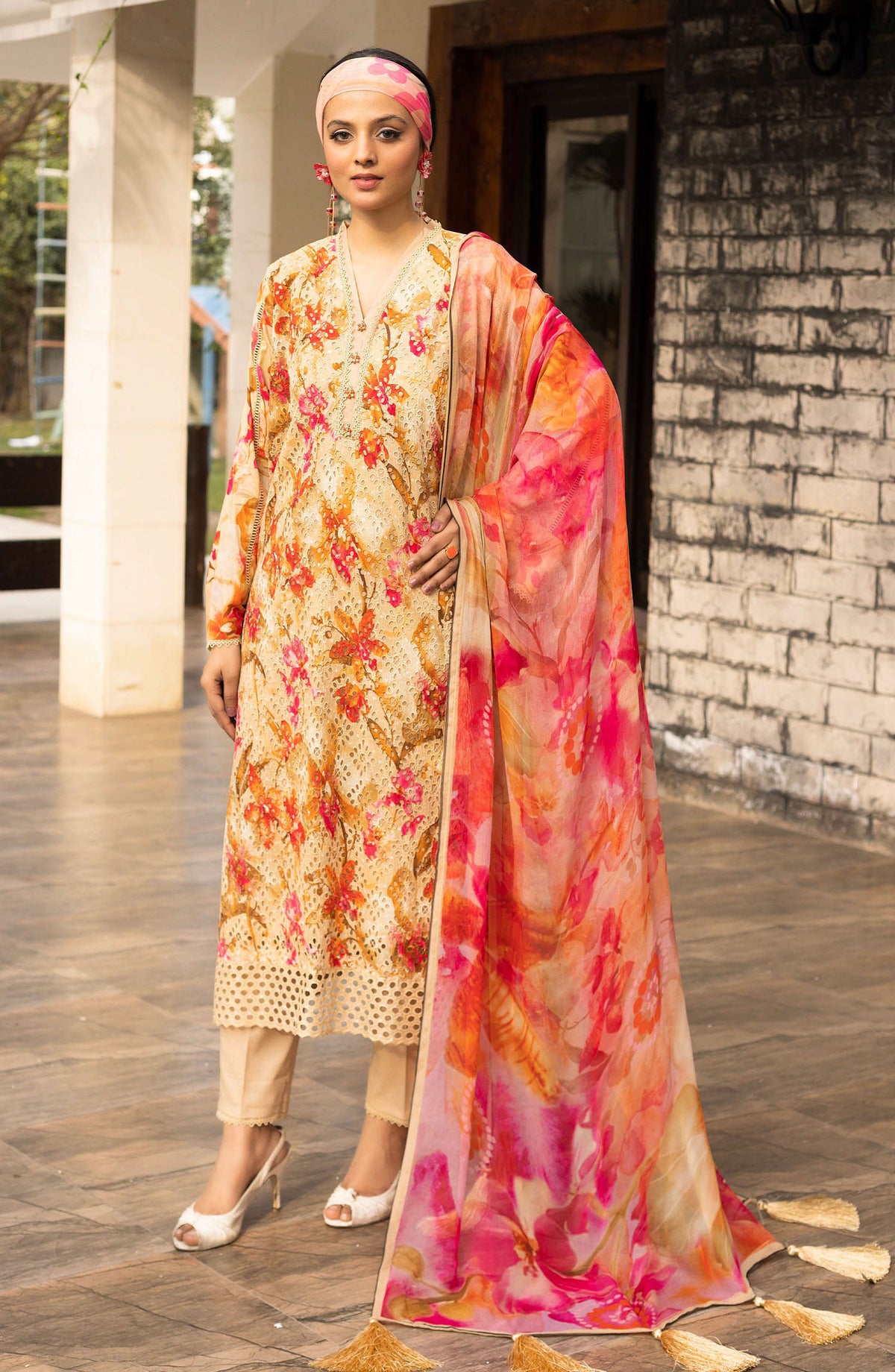 Mahees Sehar by Riaz Arts Chikankari Lawn Unstitched 3 Piece Suit - D-05 - RA25MSC - Orange - Summer Collection