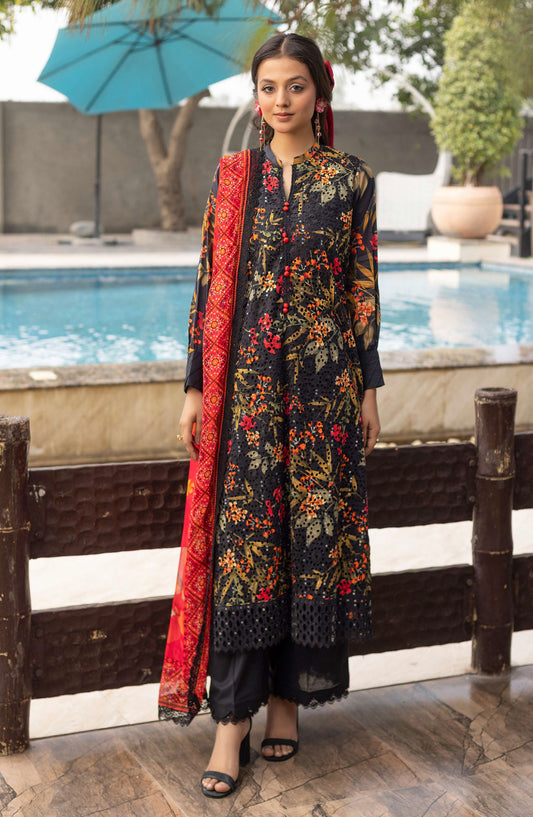 Mahees Sehar by Riaz Arts Chikankari Lawn Unstitched 3 Piece Suit - D-02 - RA25MSC - Black - Summer Collection