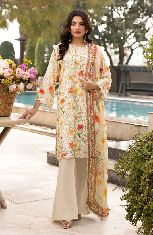 Mahees Sehar by Riaz Arts Chikankari Lawn Unstitched 3 Piece Suit - D-01 - RA25MSC - Beige - Summer Collection