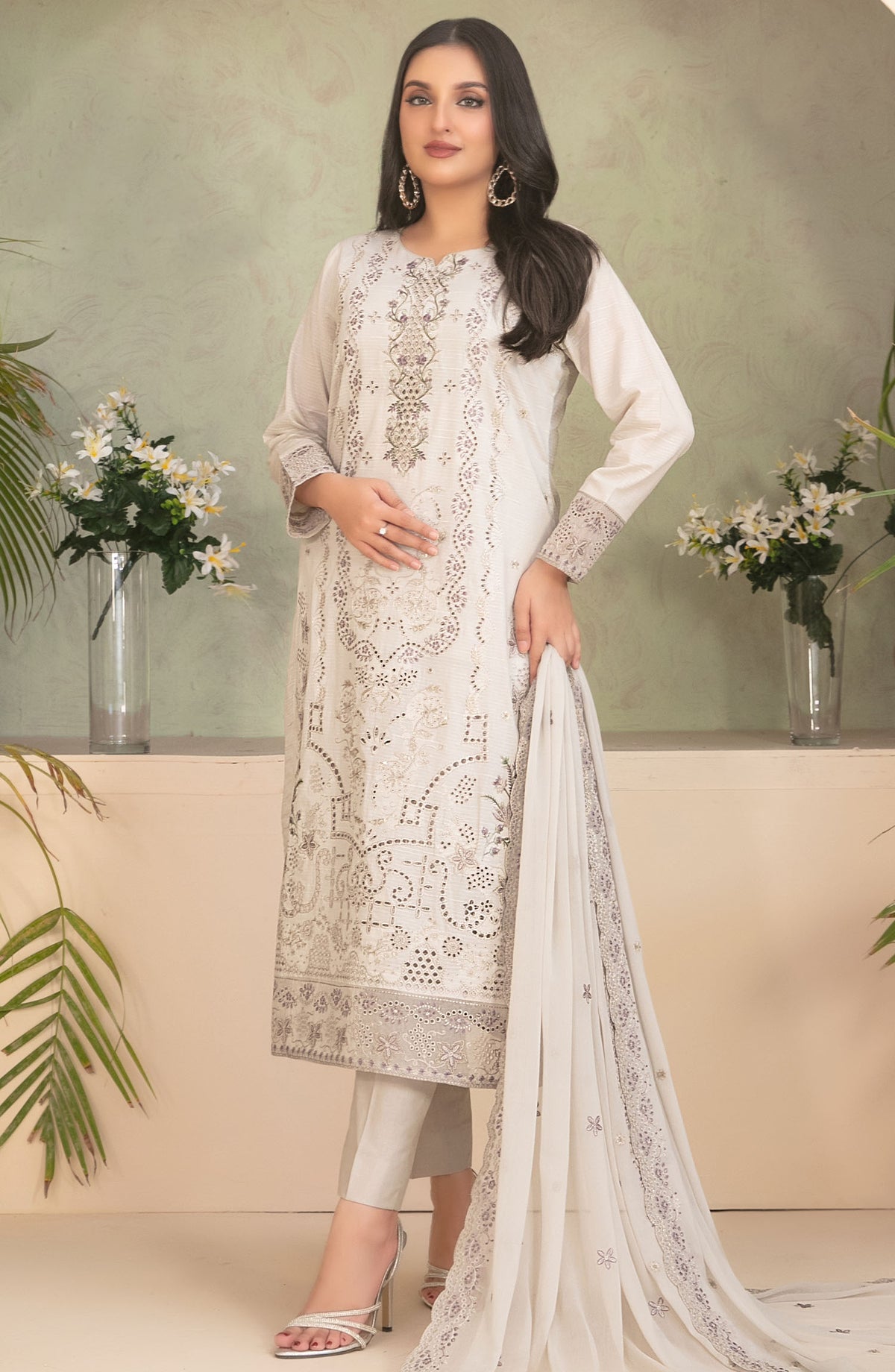 Mahveen by Tawakkal Fabrics Embroidered Lawn Unstitched 3 Piece Suit - D-1725 - TF25MAHV2 - Off White - Summer Collection
