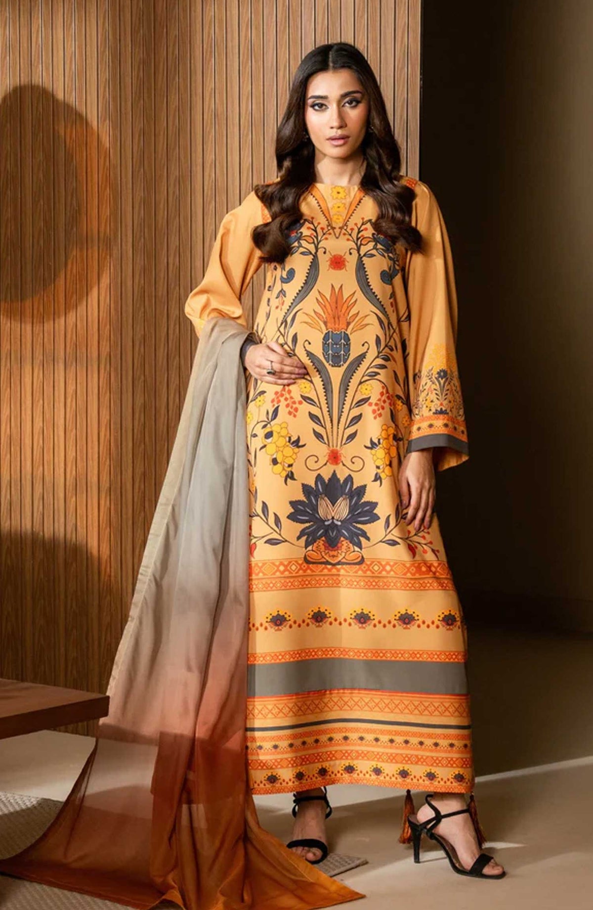 Nazm by Maryam N Maria Printed Silk Unstitched 3 Piece - MARA - MS50464 - MNM25N - Mustard - Festive Collection