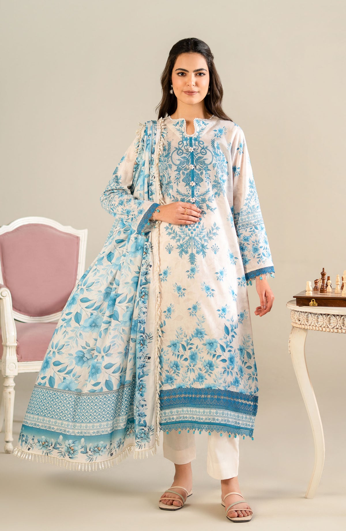 Mausummery Printed Lawn Unstitched 3 Piece Suit - Hydrangea - MUS25SUL - White - Summer Collection