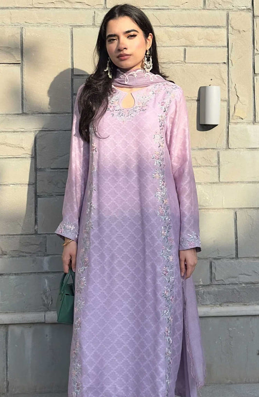 Luna Edit By Hues Atelier Embroidered Cotton Net Stitched 3 Piece - Mauvish Purple - HA25L - Festive Collection