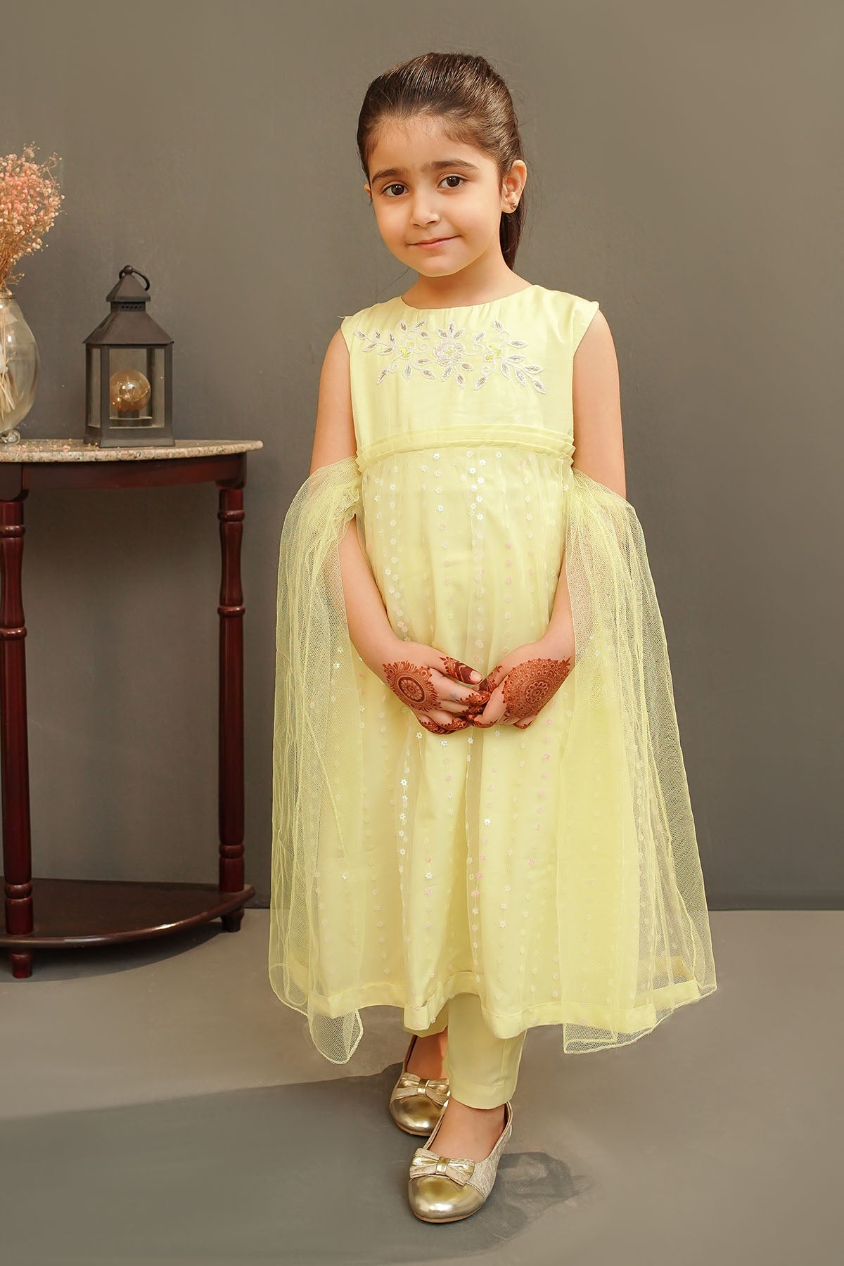 Ochre Festive Wear Net Stitched 3 Piece - MAX-22 - Yellow - Girls Collection