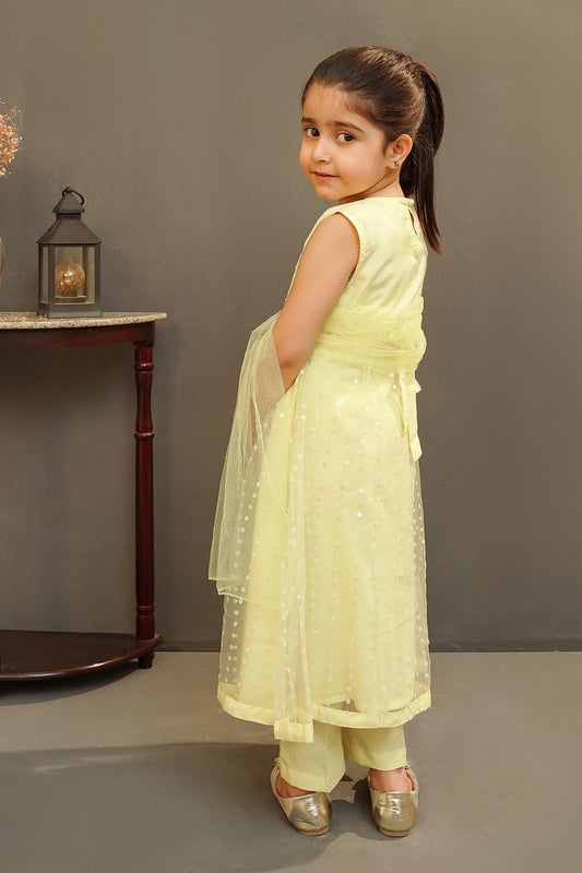 Ochre Festive Wear Net Stitched 3 Piece - MAX-22 - Yellow - Girls Collection