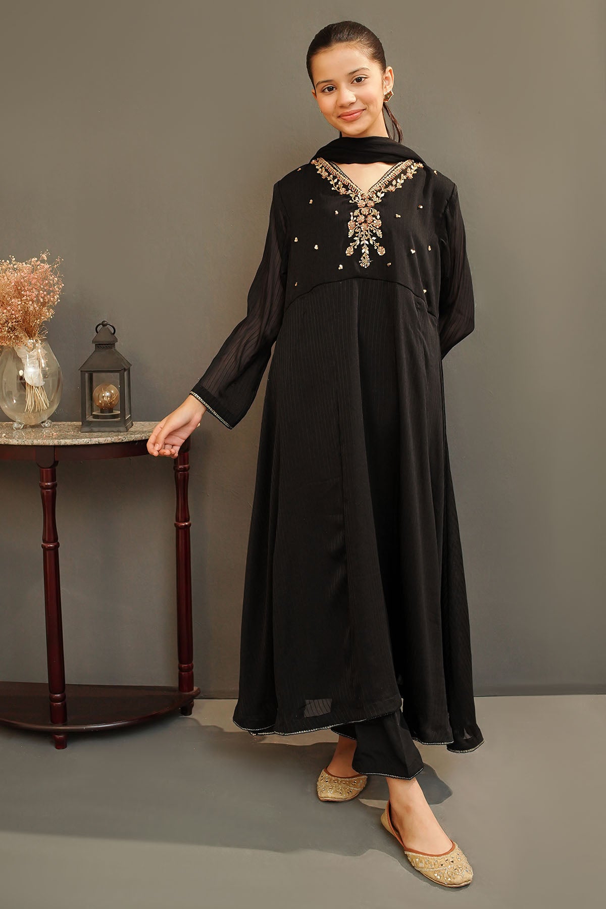 Ochre Festive Wear Chiffon Stitched 3 Piece - MAX-25 - Black - Girls Collection