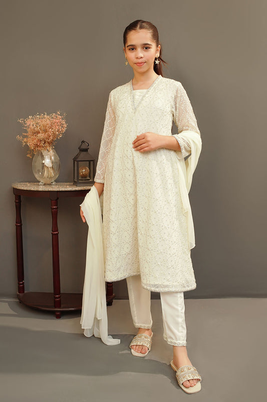 Ochre Festive Wear Chiffon Stitched 3 Piece - MAX-28 - White - Girls Collection