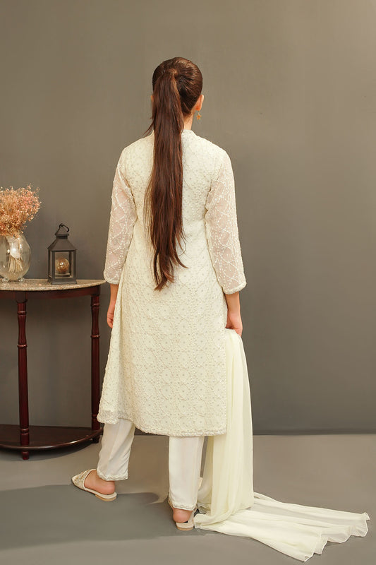 Ochre Festive Wear Chiffon Stitched 3 Piece - MAX-28 - White - Girls Collection