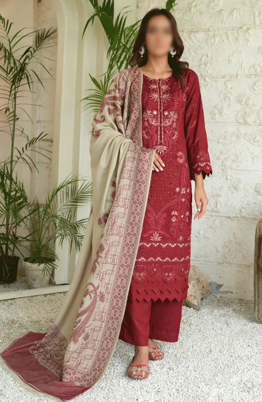 Sequins Embroidered Dyed Wool Collection with Self Weaver Wool Shawl by Marjjan - MDS-69 (MEHROON)