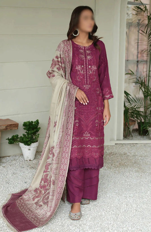 Sequins Embroidered Dyed Wool Collection with Self Weaver Wool Shawl by Marjjan - MDS-69 (PLUM)
