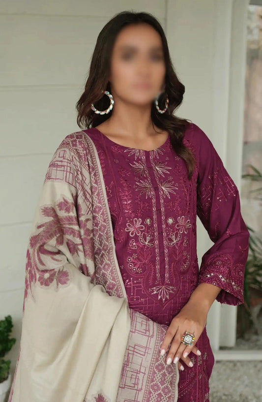 Sequins Embroidered Dyed Wool Collection with Self Weaver Wool Shawl by Marjjan - MDS-69 (PLUM)