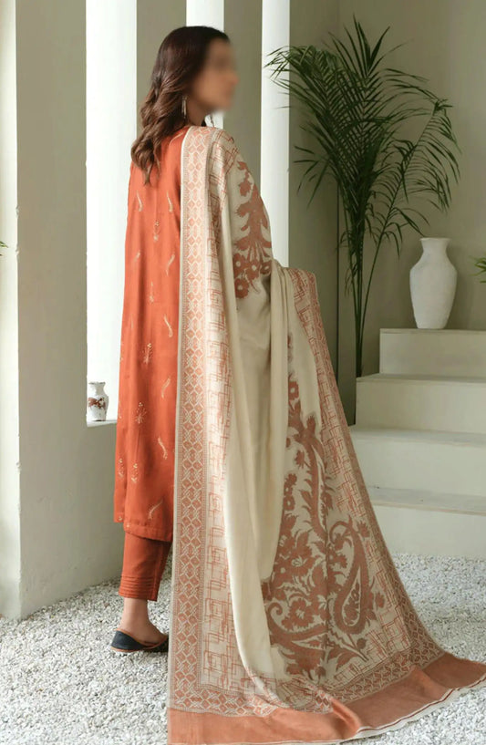 Sequins Embroidered Dyed Wool Collection with Self Weaver Wool Shawl by Marjjan - MDS-69 (RUST)
