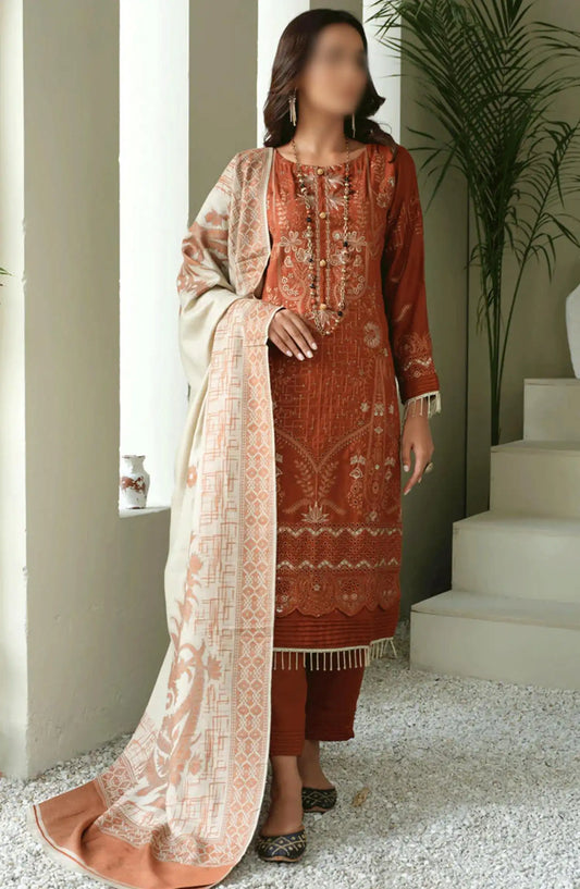 Sequins Embroidered Dyed Wool Collection with Self Weaver Wool Shawl by Marjjan - MDS-69 (RUST)
