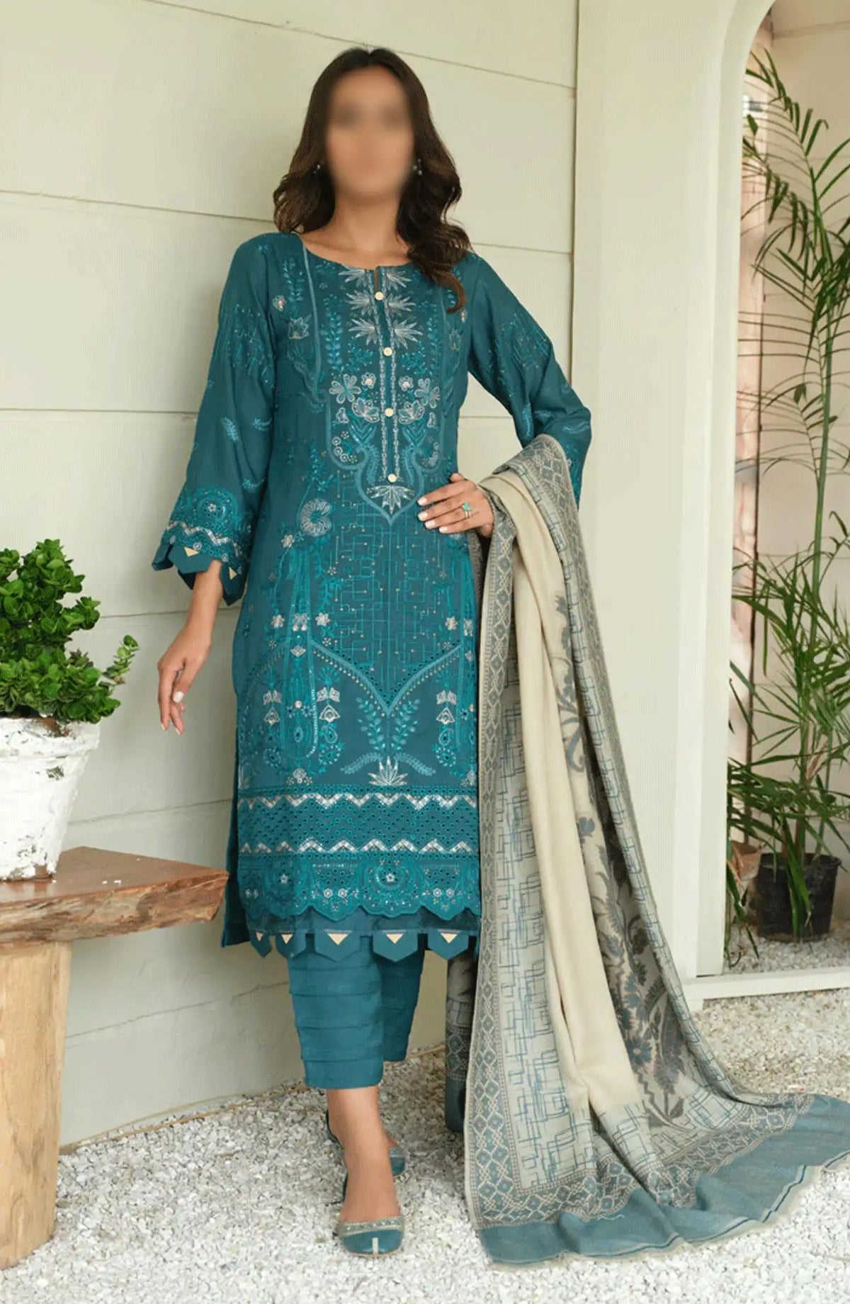 Sequins Embroidered Dyed Wool Collection with Self Weaver Wool Shawl by Marjjan - MDS-69 (SEA GREEN)