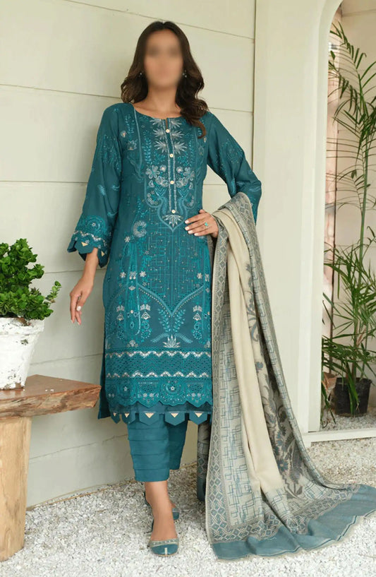 Sequins Embroidered Dyed Wool Collection with Self Weaver Wool Shawl by Marjjan - MDS-69 (SEA GREEN)