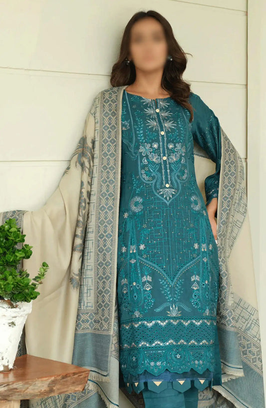Sequins Embroidered Dyed Wool Collection with Self Weaver Wool Shawl by Marjjan - MDS-69 (SEA GREEN)
