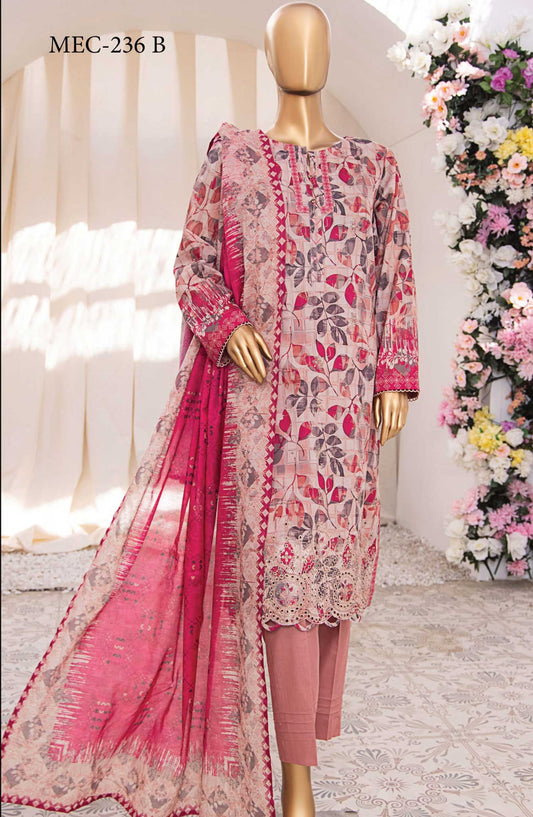 Mehek by HZ textile Embroidered Lawn Unstitched 3 Piece - MEC 236 B - HZ25M - Light Pink - Summer Collection