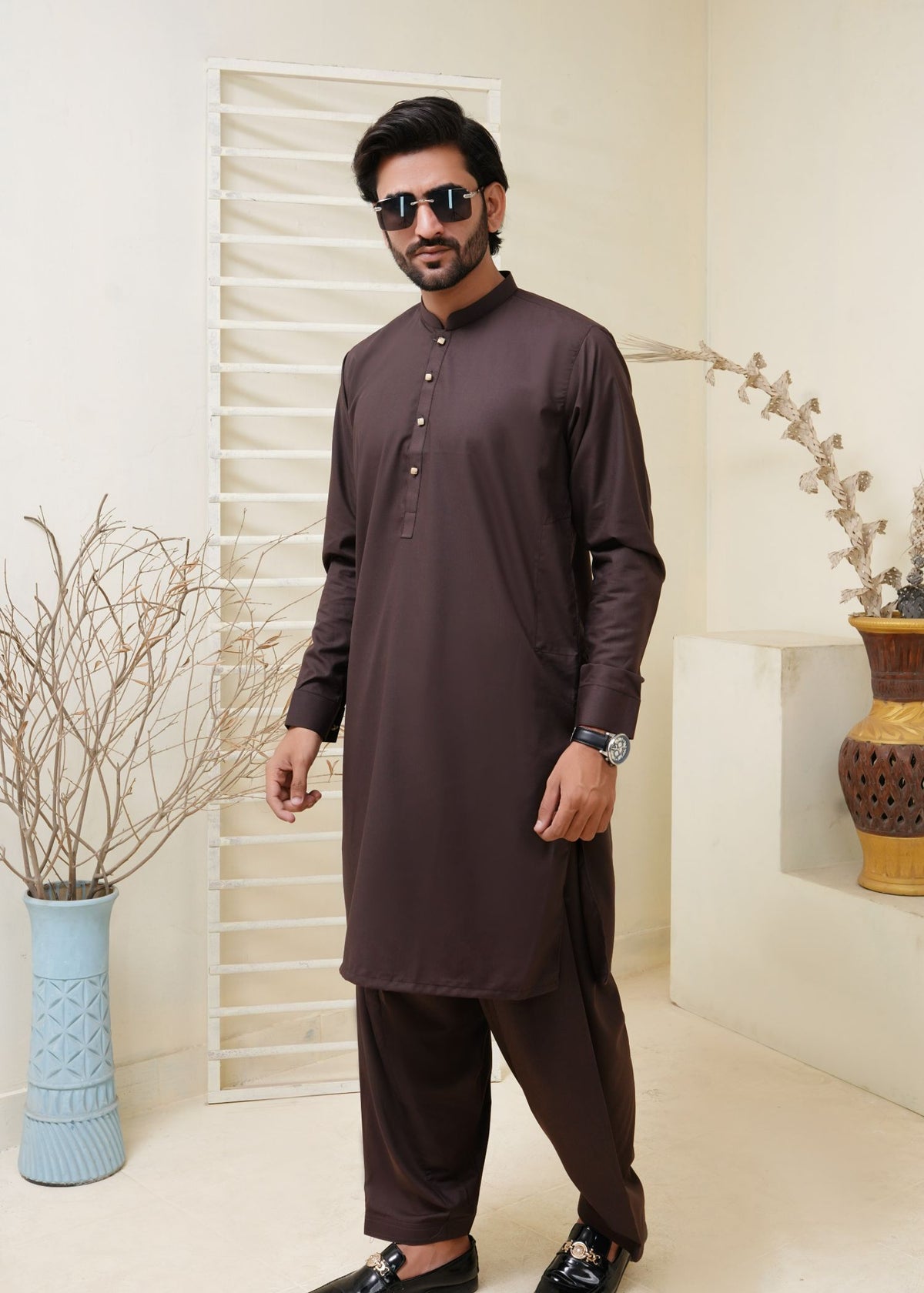 Dark Brown Kameez Shalwar with Metal Button- HM 003